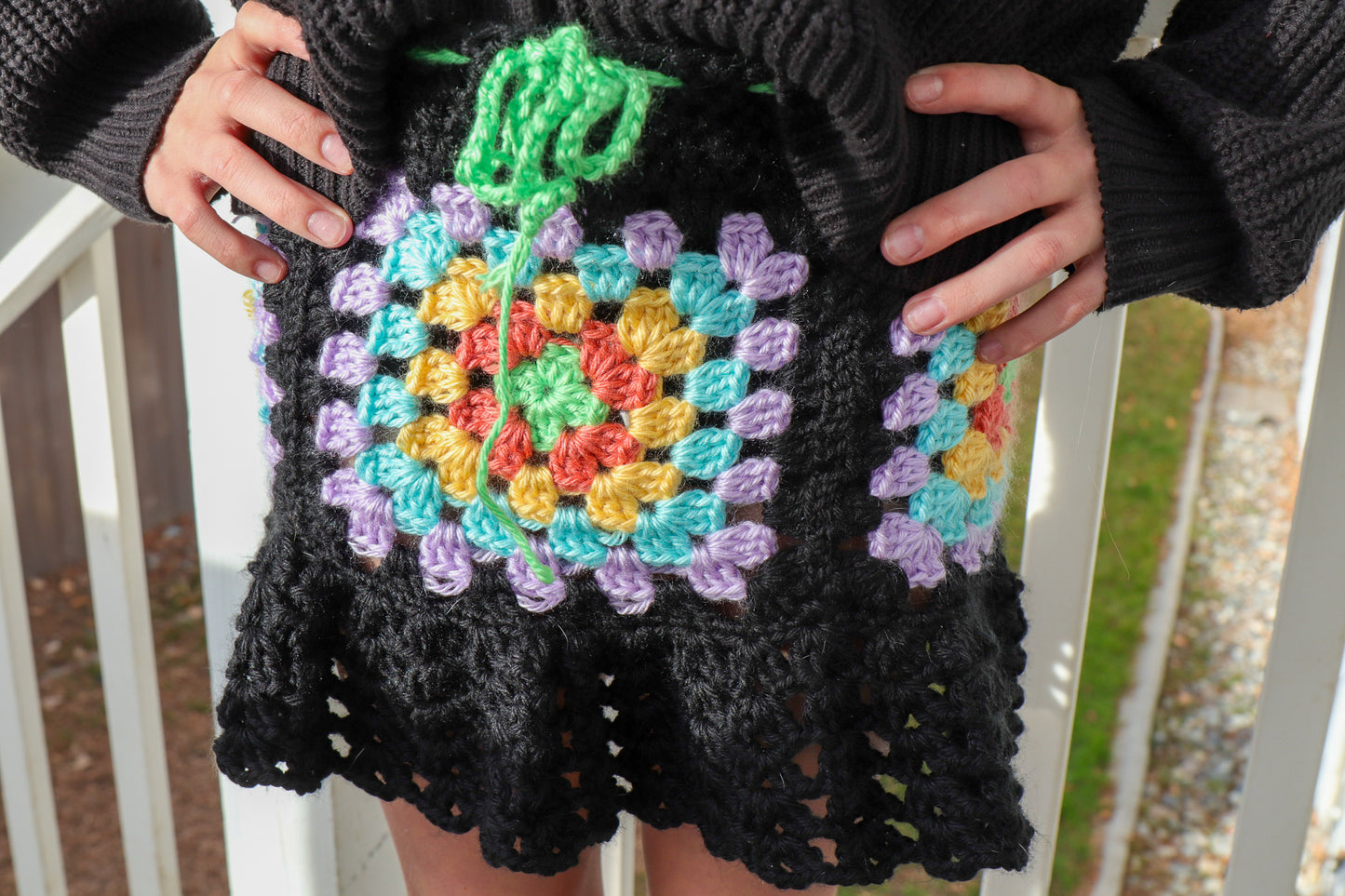 Crochet Granny Square Ruffled Mini Skirt With Drawstring – Handmade Boho Skirt in Custom Sizes