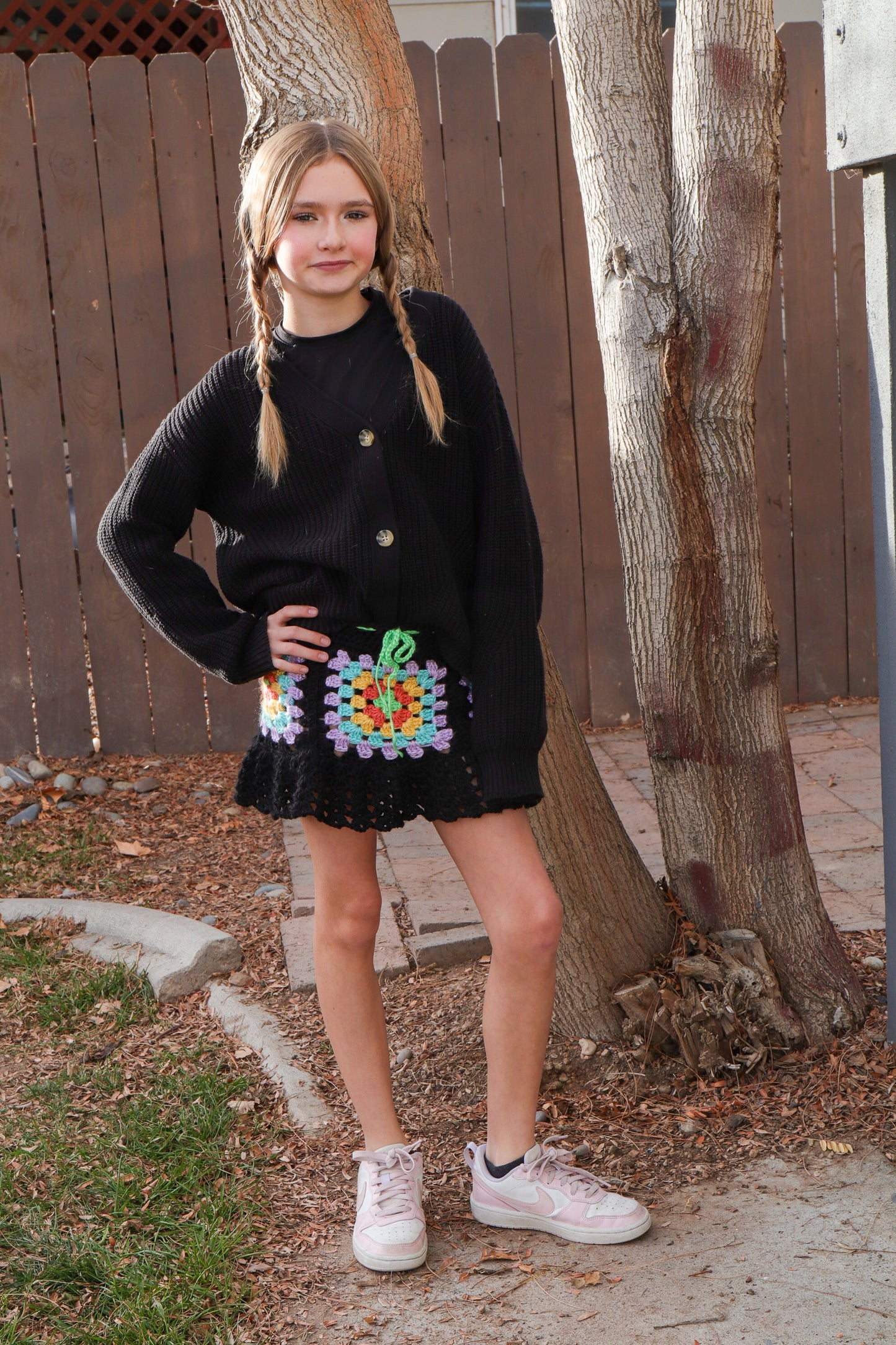 Crochet Granny Square Ruffled Mini Skirt With Drawstring – Handmade Boho Skirt in Custom Sizes