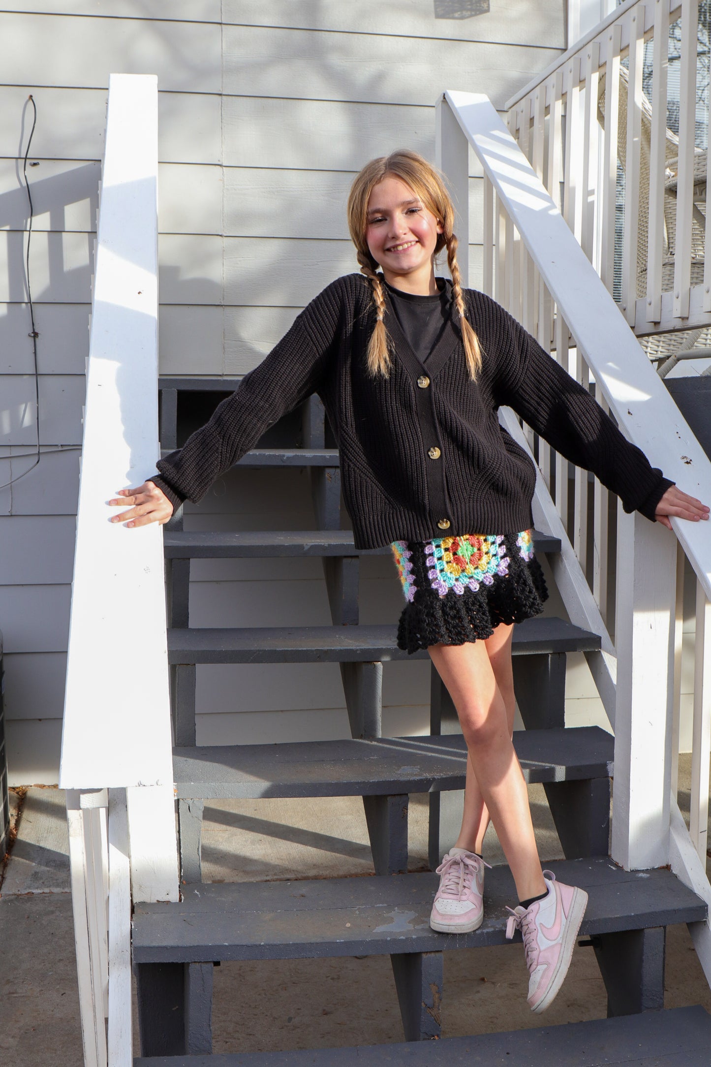 Crochet Granny Square Ruffled Mini Skirt With Drawstring – Handmade Boho Skirt in Custom Sizes