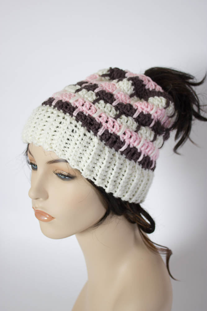 Messy Bun Beanie - Three Color Messy Bun Beanie - Ponytail Beanie - Mom Bun Beanie - Ponytail Hat - Messy Bun Hat - 1027-B8