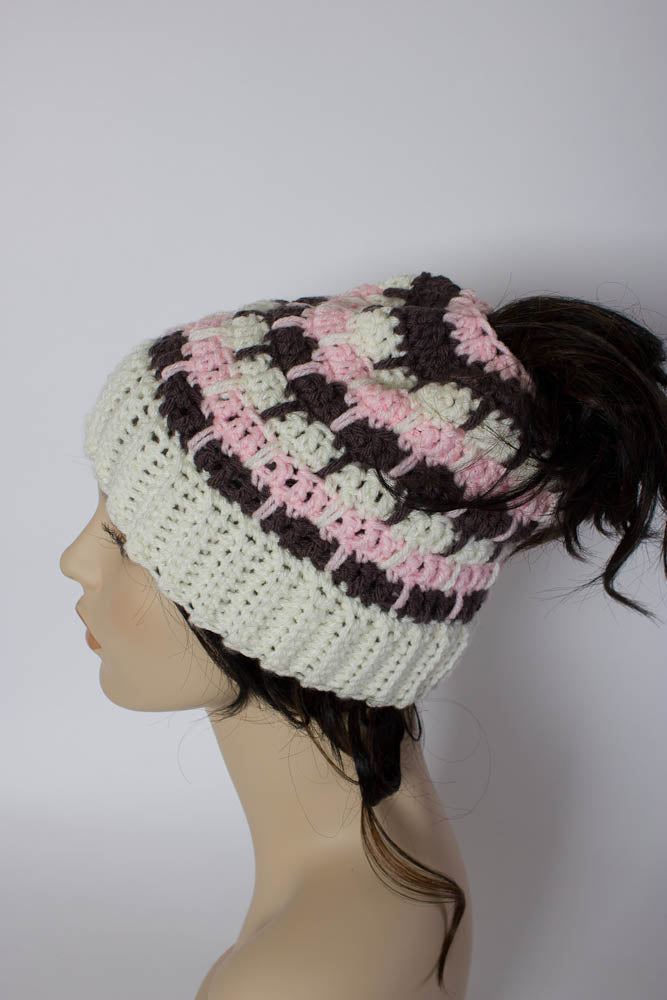 Messy Bun Beanie - Three Color Messy Bun Beanie - Ponytail Beanie - Mom Bun Beanie - Ponytail Hat - Messy Bun Hat - 1027-B8