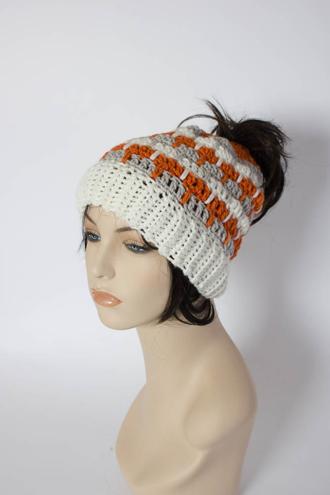 Messy Bun Beanie - Three Color Messy Bun Beanie - Ponytail Beanie - Mom Bun Beanie - Ponytail Hat - Messy Bun Hat - 1027-B8