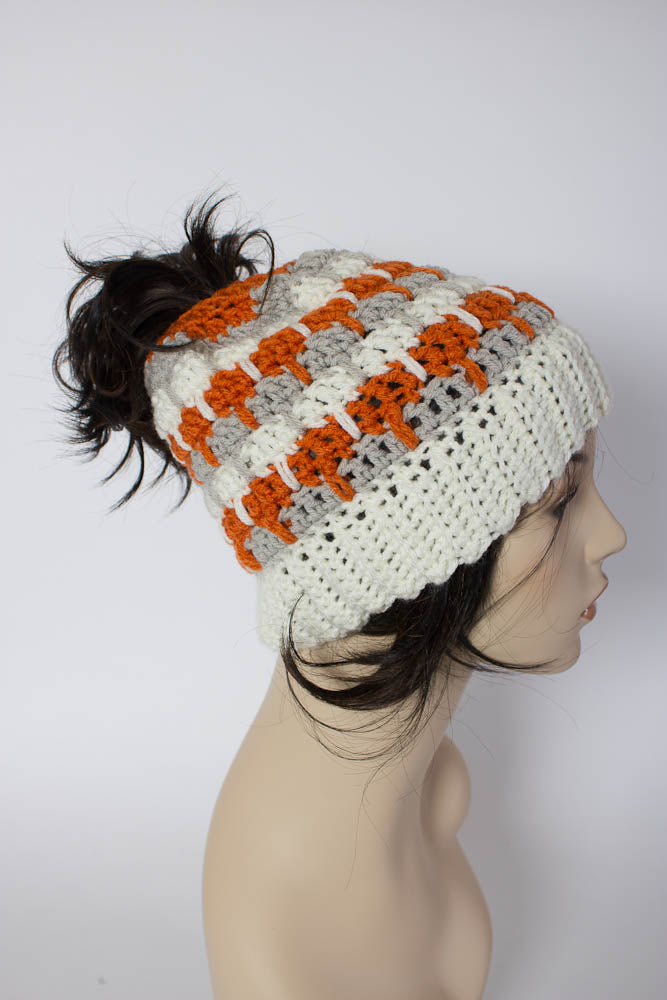 Messy Bun Beanie - Three Color Messy Bun Beanie - Ponytail Beanie - Mom Bun Beanie - Ponytail Hat - Messy Bun Hat - 1027-B8