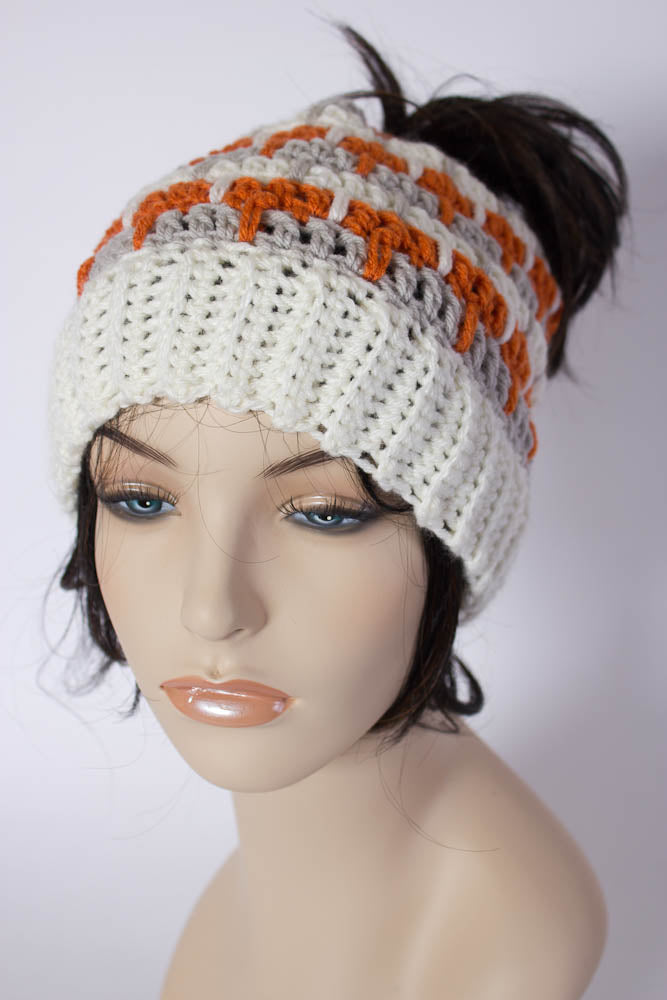 Messy Bun Beanie - Three Color Messy Bun Beanie - Ponytail Beanie - Mom Bun Beanie - Ponytail Hat - Messy Bun Hat - 1027-B8