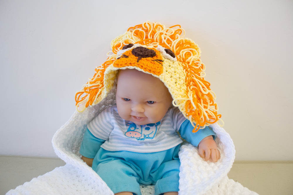 Hand Crochet Hooded Bath Towel - 100% Cotton Bath Towel - Lion Hooded Bath Towel for Baby - Super Absorbent Bath Towel - 7024-B16