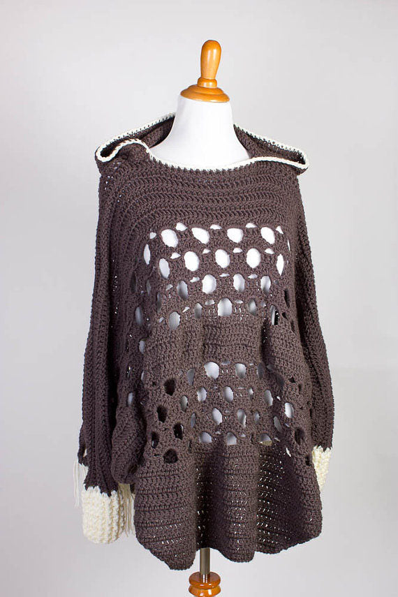 Crochet Poncho with Sleeves - Hooded Poncho - Crochet Hooded Poncho with Sleeves - Poncho with Fringe - Winter Poncho - 13002-B14