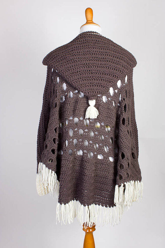 Crochet Poncho with Sleeves - Hooded Poncho - Crochet Hooded Poncho with Sleeves - Poncho with Fringe - Winter Poncho - 13002-B14