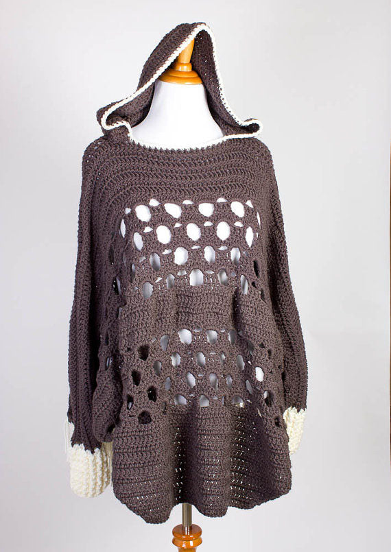 Crochet Poncho with Sleeves - Hooded Poncho - Crochet Hooded Poncho with Sleeves - Poncho with Fringe - Winter Poncho - 13002-B14