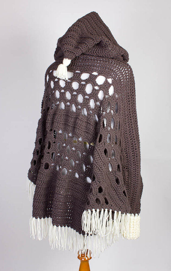 Crochet Poncho with Sleeves - Hooded Poncho - Crochet Hooded Poncho with Sleeves - Poncho with Fringe - Winter Poncho - 13002-B14