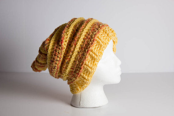 Hand Crochet Beanie - Ridges Beanie - Slouchy Beanie - Crochet Shaggy Beanie - Shaggy Hat - Adult Textured Ribbed Rasta - Beret - 1035-B8