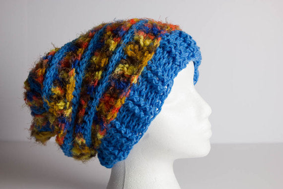 Hand Crochet Beanie - Ridges Beanie - Slouchy Beanie - Crochet Shaggy Beanie - Shaggy Hat - Adult Textured Ribbed Rasta - Beret - 1035-B8