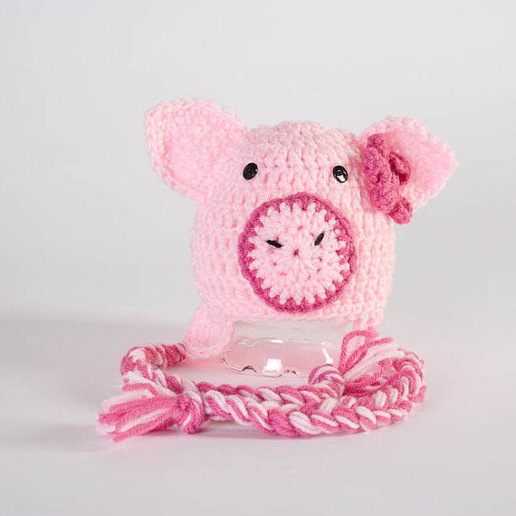 Pig Hat - Newborn Photo Props - Crochet Animal Hat - Baby Shower Gifts - Ski Hats - Crochet Ear Flap Beanie - #1004-134-B1-6