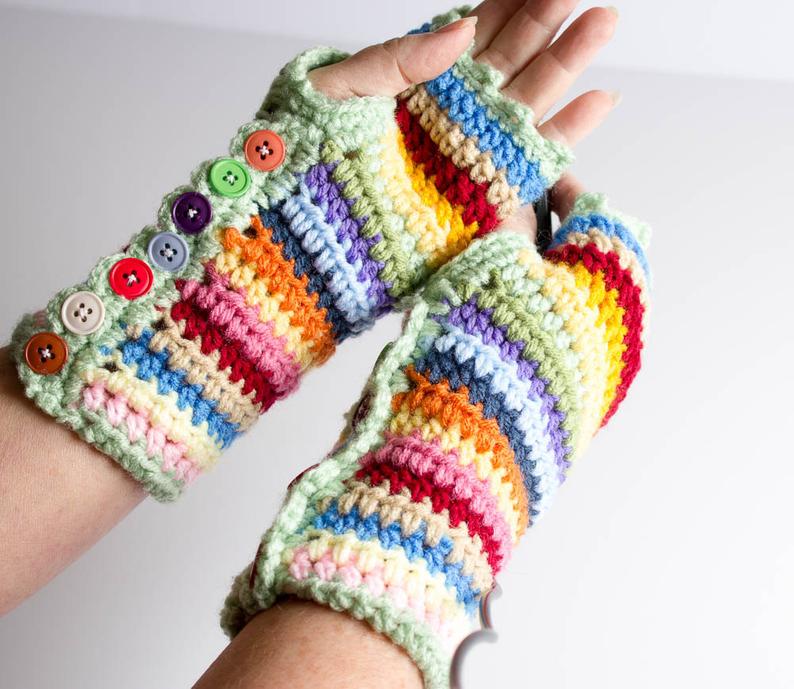 Hand Crochet Fingerless Gloves - Stripy Mitts - Photographer Gloves - Wrist Warmer - Striped Gloves With Buttons - Texting Gloves - 4002-B14