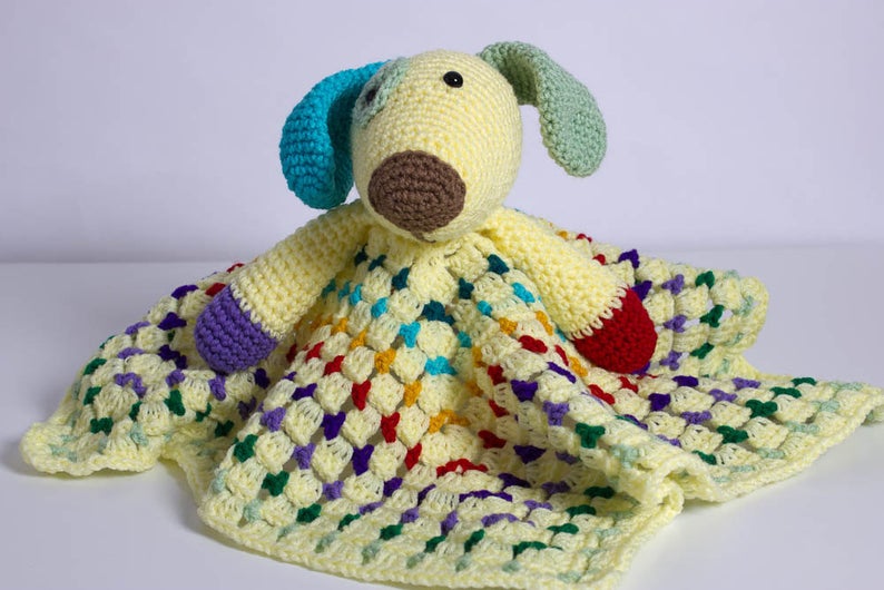 Hand Crochet Puppy Lovey - Security Blanket - Scrappy the Happy Puppy Lovey - Amigurumi - Baby Blankie - Dog Lovey - B12