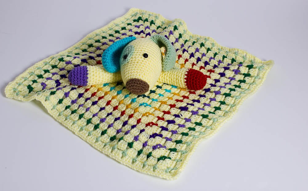 Hand Crochet Puppy Lovey - Security Blanket - Scrappy the Happy Puppy Lovey - Amigurumi - Baby Blankie - Dog Lovey - B12