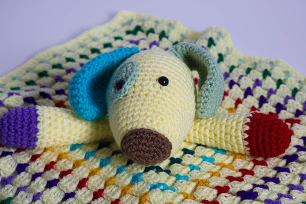 Hand Crochet Puppy Lovey - Security Blanket - Scrappy the Happy Puppy Lovey - Amigurumi - Baby Blankie - Dog Lovey - B12