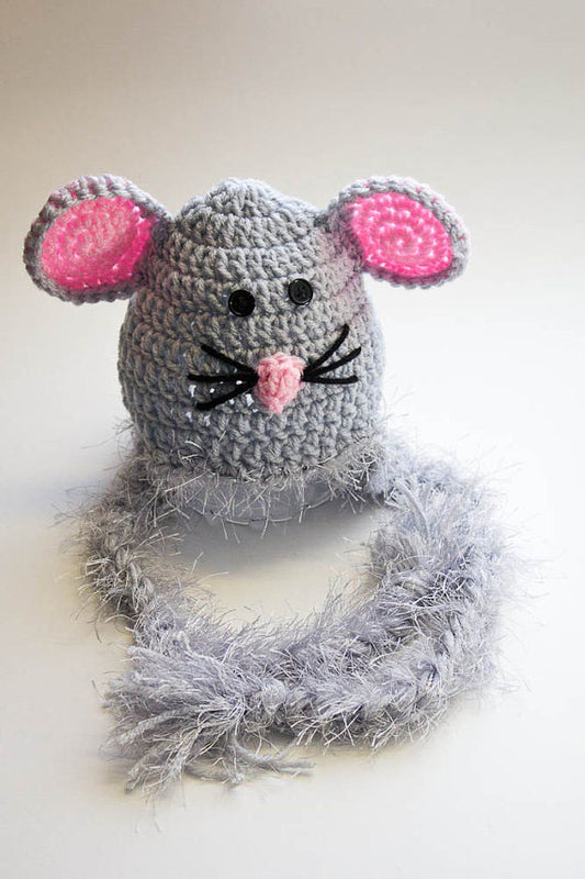 Mouse Hat - Newborn Photo Prop - Crochet Animal Hat - Crochet Ski Hat - Ear Flap Hat - Mouse Ski Beanie - #1004-128-B1-6